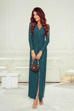 Sukienka długa marszczenie rękaw brokat zieleń